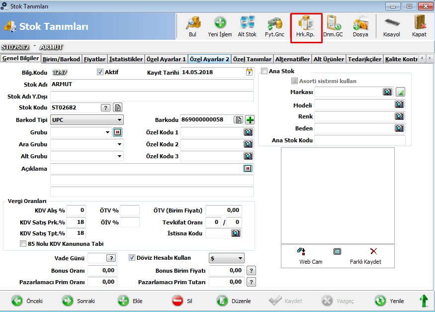 Stok Kartını Komple Veritabanından Silme